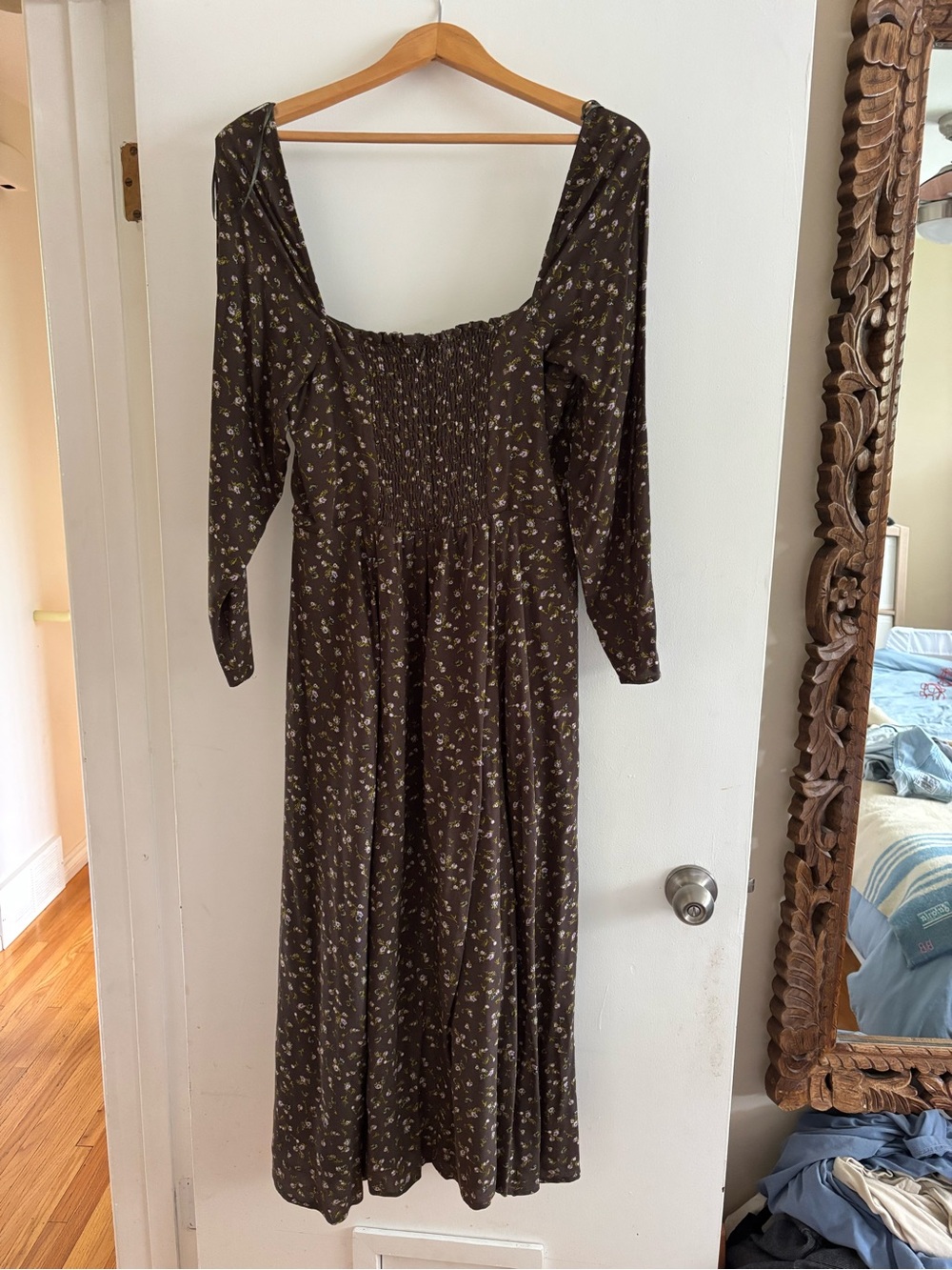 OAK + FORT Brown Floral Long-Sleeve Maxi Dress with Smocked Bodice